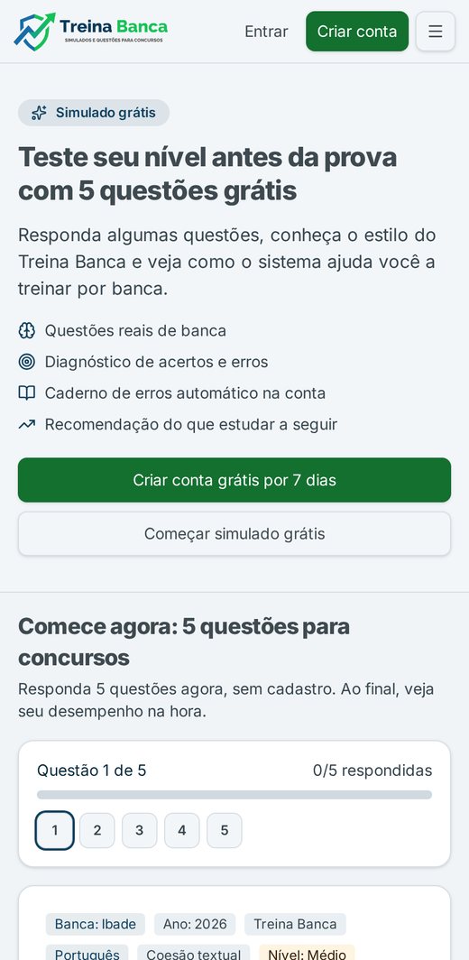 Treina Banca no celular: simulado grátis com questão e alternativas